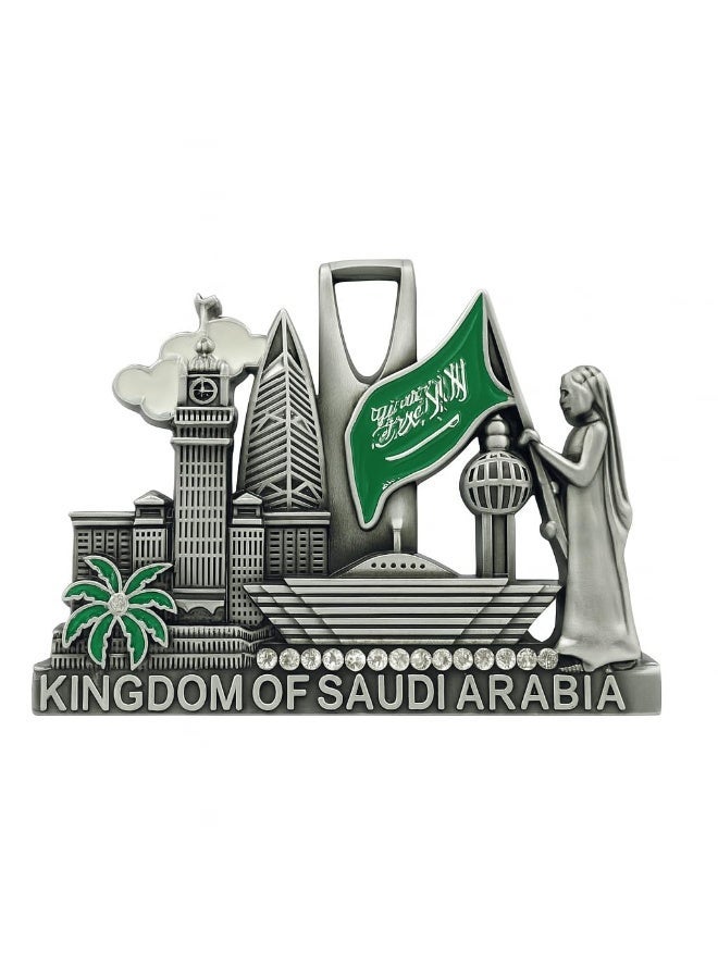 مغناطيس ثلاجة معدني ثلاثي الأبعاد - المملكة العربية السعودية - معالم بارزة، علم وطني، وشعار نخلة | هدية تذكارية فاخرة للسفر والتراث والفخر | قطعة ديكور مميزة للمنزل أو المكتب - Image 1